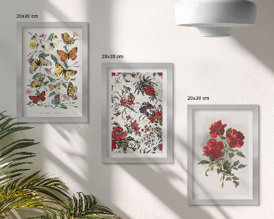 Lot de 3 tableaux Papillons, fleurs et roses rouges dans un style classique