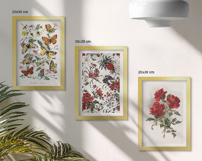 Lot de 3 tableaux Papillons, fleurs et roses rouges dans un style classique