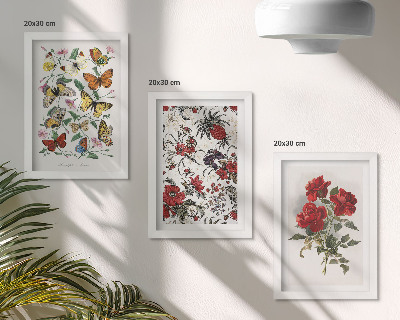 Lot de 3 tableaux Papillons, fleurs et roses rouges dans un style classique