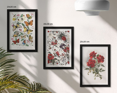 Lot de 3 tableaux Papillons, fleurs et roses rouges dans un style classique