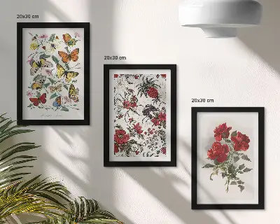 Lot de 3 tableaux représentant des papillons, des fleurs et des roses rouges dans un style classique