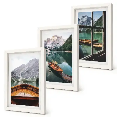 Lot de 3 tableaux représentant une vue d'un lac de montagne avec des bateaux et une fenêtre en arrière-plan