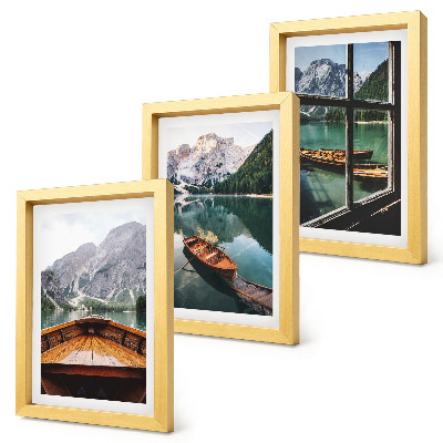 Lot de 3 tableaux Vue d'un lac de montagne avec des bateaux et une fenêtre en arrière-plan