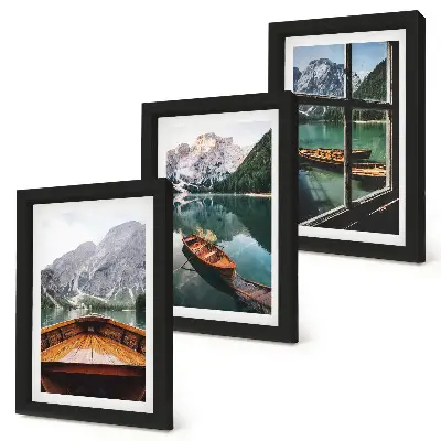 Lot de 3 tableaux représentant une vue d'un lac de montagne avec des bateaux et une fenêtre en arrière-plan