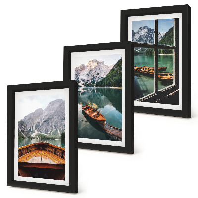 Lot de 3 tableaux Vue d'un lac de montagne avec des bateaux et une fenêtre en arrière-plan