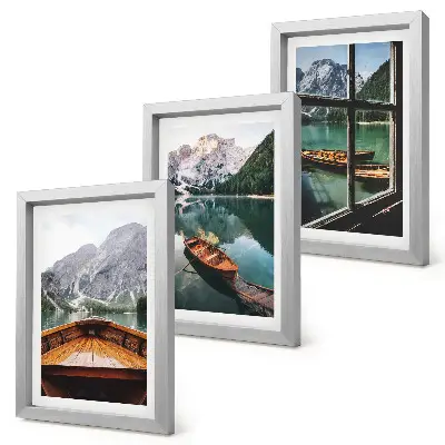 Lot de 3 tableaux représentant une vue d'un lac de montagne avec des bateaux et une fenêtre en arrière-plan