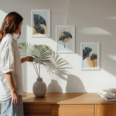 Ensemble de 3 tableaux Feuilles de ginkgo esthétiques sur fond clair
