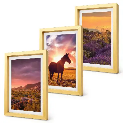 Mur de cadres paysages de montagne avec chevaux et champs de lavande