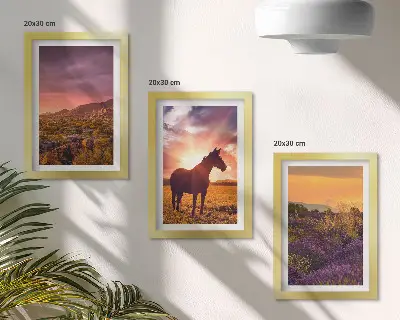 Mur de cadres paysages de montagne avec chevaux et champs de lavande