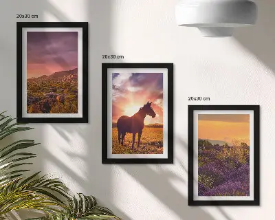 Mur de cadres paysages de montagne avec chevaux et champs de lavande