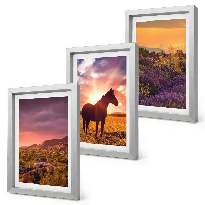 Mur de cadres paysages de montagne avec chevaux et champs de lavande