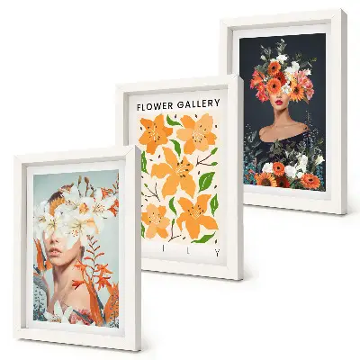 Lot de 3 tableaux portraits floraux ornés de bouquets et de feuilles colorés