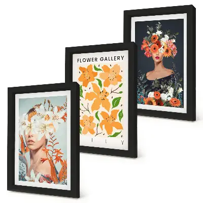 Lot de 3 tableaux portraits floraux ornés de bouquets et de feuilles colorés