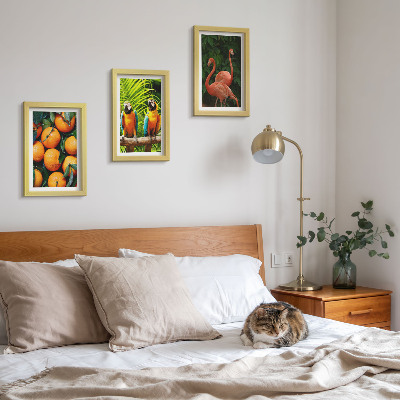 Ensemble de 3 tableaux Des accents fruités avec des perroquets et des flamants roses sous les tropiques