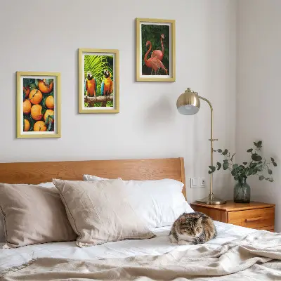 Ensemble de 3 tableaux motifs tropicaux avec perroquets et flamants roses