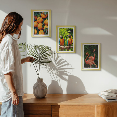 Ensemble de 3 tableaux Des accents fruités avec des perroquets et des flamants roses sous les tropiques