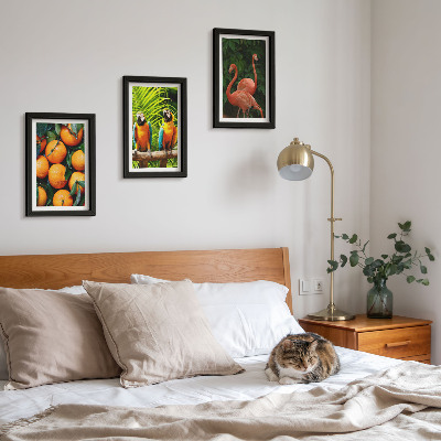 Ensemble de 3 tableaux Des accents fruités avec des perroquets et des flamants roses sous les tropiques