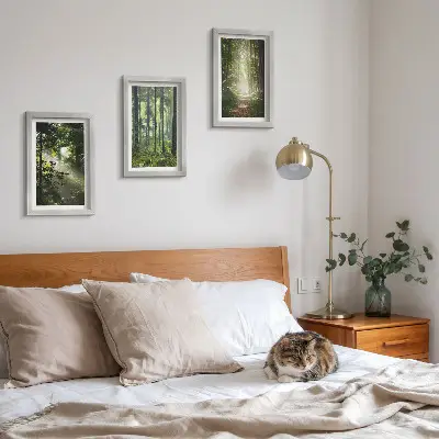 Ensemble de 3 tableaux représentant une forêt verdoyante avec des rayons de lumière et un chemin forestier