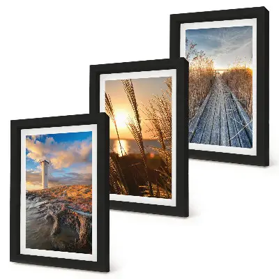 Lot de 3 tableaux représentant une vue sur un phare en bord de mer avec de l'herbe et une jetée en bois