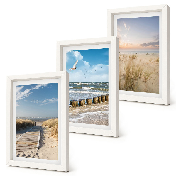 Ensemble de 3 tableaux Plage avec sable, vagues, ciel et oiseaux en vol