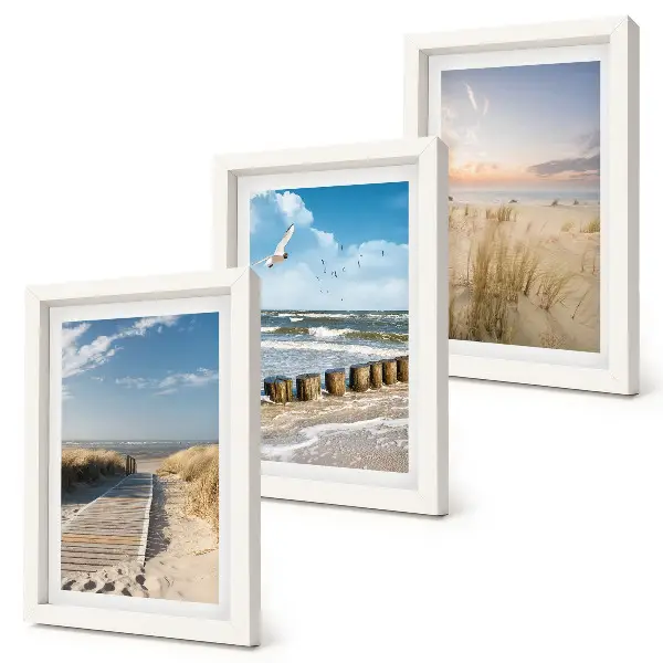 Ensemble de 3 tableaux représentant une plage avec sable, vagues, ciel et oiseaux en vol
