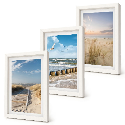 Ensemble de 3 tableaux Plage avec sable, vagues, ciel et oiseaux en vol