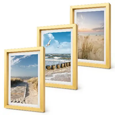 Ensemble de 3 tableaux représentant une plage avec sable, vagues, ciel et oiseaux en vol