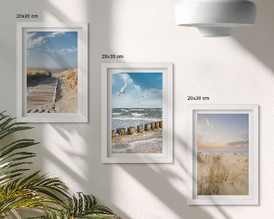 Ensemble de 3 tableaux Plage avec sable, vagues, ciel et oiseaux en vol