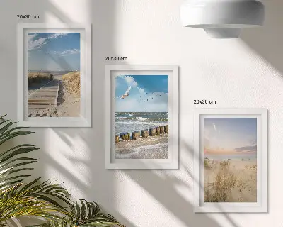 Ensemble de 3 tableaux représentant une plage avec sable, vagues, ciel et oiseaux en vol