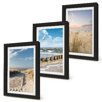 Ensemble de 3 tableaux Plage avec sable, vagues, ciel et oiseaux en vol