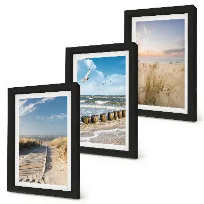Ensemble de 3 tableaux représentant une plage avec sable, vagues, ciel et oiseaux en vol