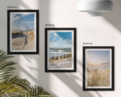 Ensemble de 3 tableaux Plage avec sable, vagues, ciel et oiseaux en vol
