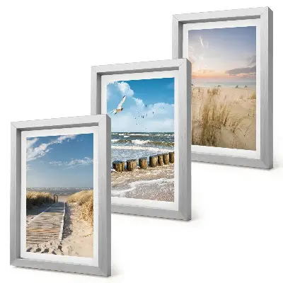 Ensemble de 3 tableaux représentant une plage avec sable, vagues, ciel et oiseaux en vol