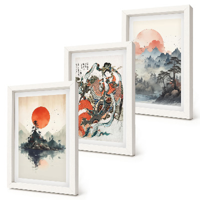 Mur de cadres Peintures de paysages et portraits asiatiques de style Japandi