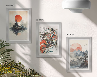 Mur de cadres Peintures de paysages et portraits asiatiques de style Japandi