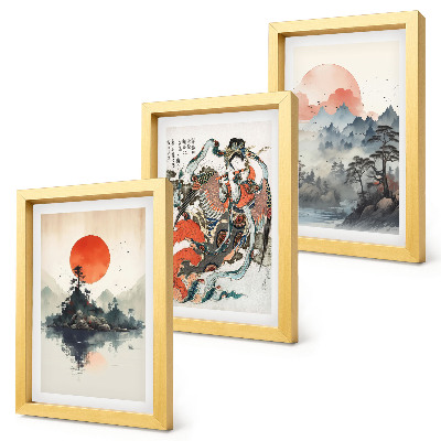 Mur de cadres Peintures de paysages et portraits asiatiques de style Japandi