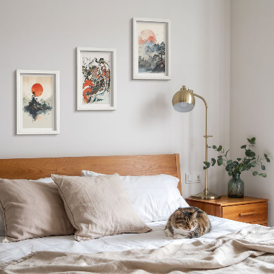 Mur de cadres Peintures de paysages et portraits asiatiques de style Japandi