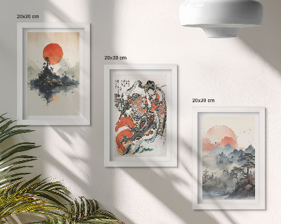 Mur de cadres Peintures de paysages et portraits asiatiques de style Japandi