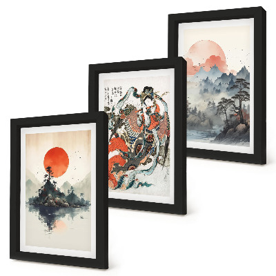 Mur de cadres Peintures de paysages et portraits asiatiques de style Japandi