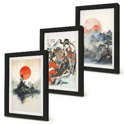 Mur de cadres peintures de paysages et portraits asiatiques style Japandi