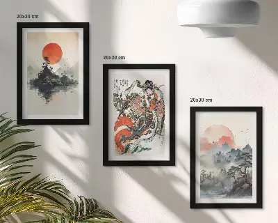 Mur de cadres peintures de paysages et portraits asiatiques style Japandi