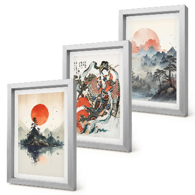 Mur de cadres Peintures de paysages et portraits asiatiques de style Japandi
