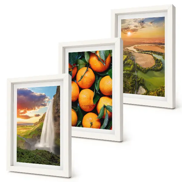 Mur de cadres cascade, montagne, orangers et paysage italien au coucher du soleil