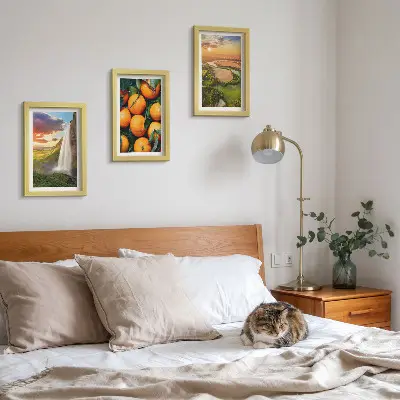 Mur de cadres cascade, montagne, orangers et paysage italien au coucher du soleil