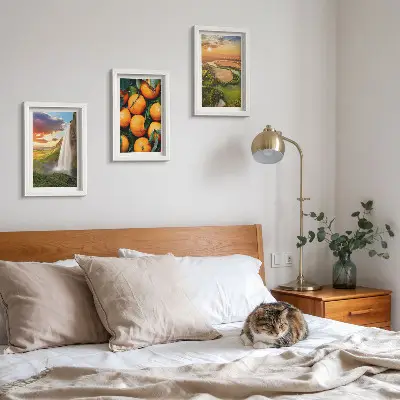 Mur de cadres cascade, montagne, orangers et paysage italien au coucher du soleil