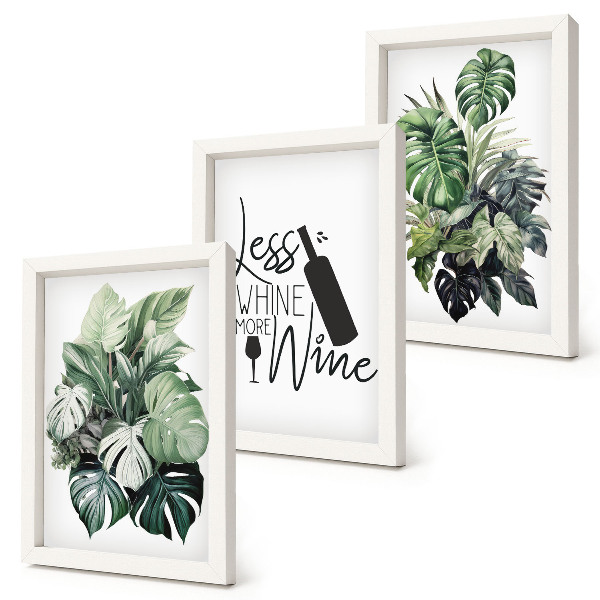 Lot de 3 tableaux Feuilles de plantes dans des tons de vert avec une inscription sur le vin