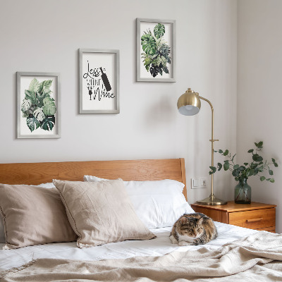 Lot de 3 tableaux Feuilles de plantes dans des tons de vert avec une inscription sur le vin