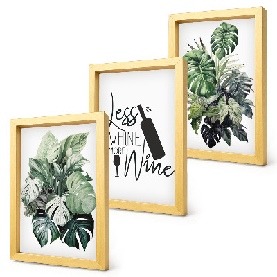 Lot de 3 tableaux Feuilles de plantes dans des tons de vert avec une inscription sur le vin