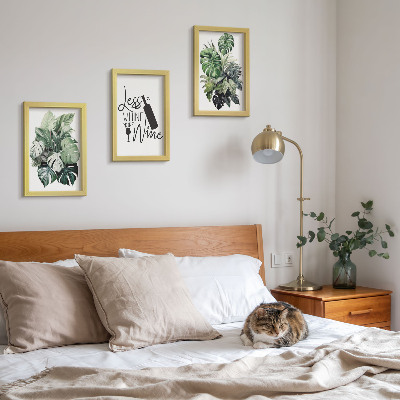Lot de 3 tableaux Feuilles de plantes dans des tons de vert avec une inscription sur le vin