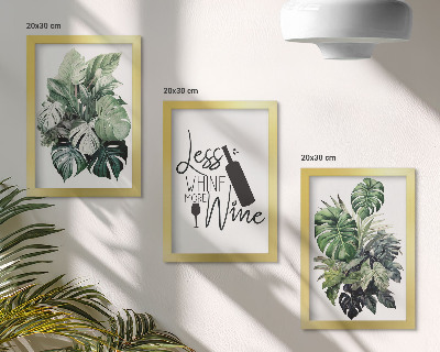 Lot de 3 tableaux Feuilles de plantes dans des tons de vert avec une inscription sur le vin